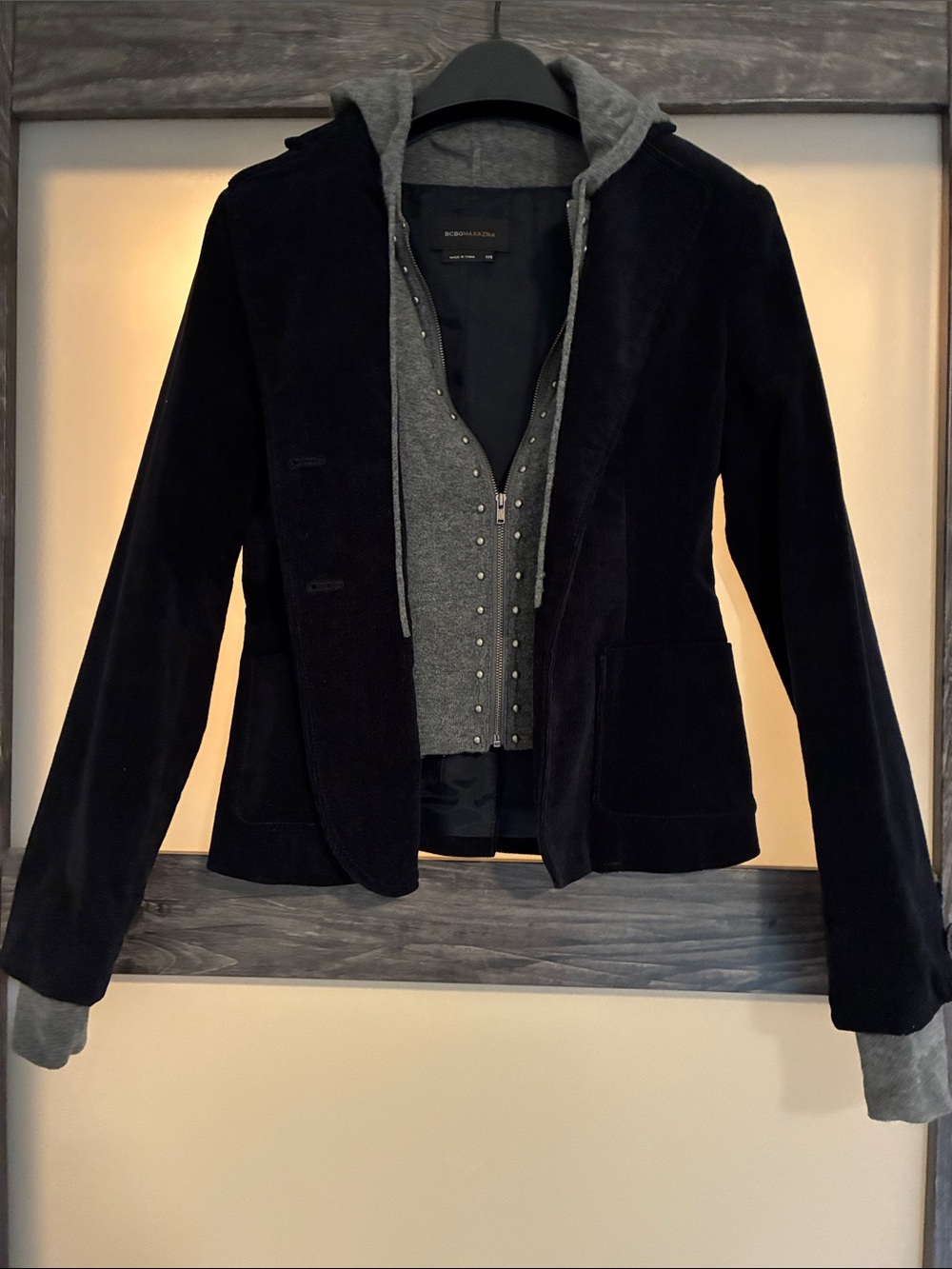BCBGMAXAZRIA Layered Hoodie Blazer; 2-in-1 Corduroy Jacket; Size XXS